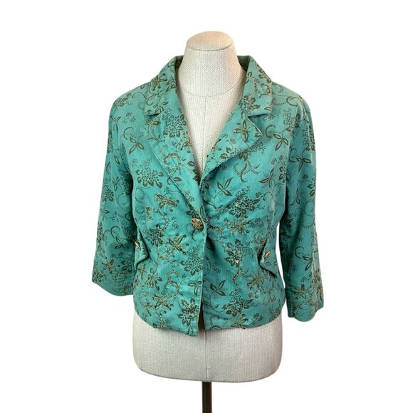 Yoana Baraschi Womens 10 Embroidered Floral Corduroy Jacket Turquoise - Picture 3 of 13